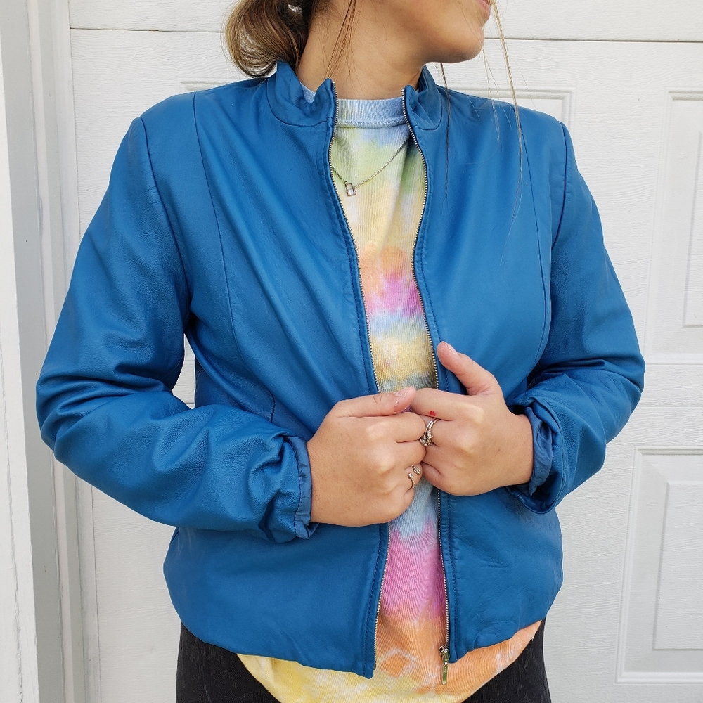 Pendleton Blue Leather Zip Front Blazer Jacket Pm - image 1